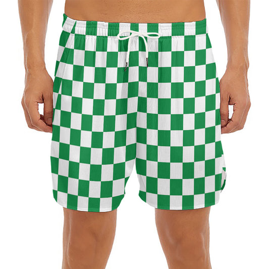 Green And White Checkered Pattern Print Men's Split Running Shorts