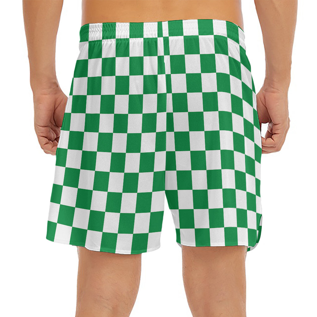 Green And White Checkered Pattern Print Men's Split Running Shorts