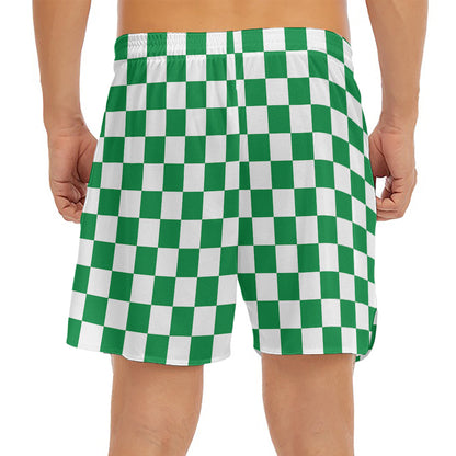 Green And White Checkered Pattern Print Men's Split Running Shorts