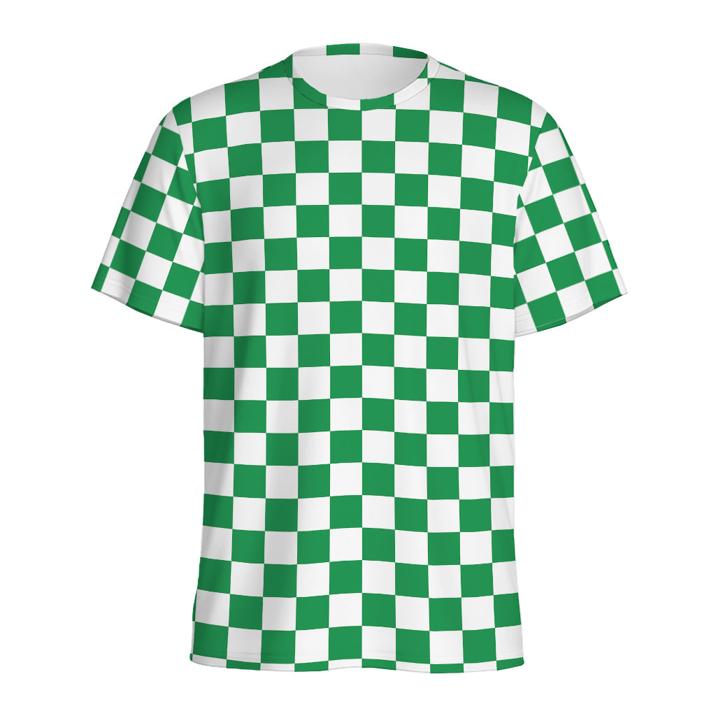 Green And White Checkered Pattern Print Men's Sports T-Shirt