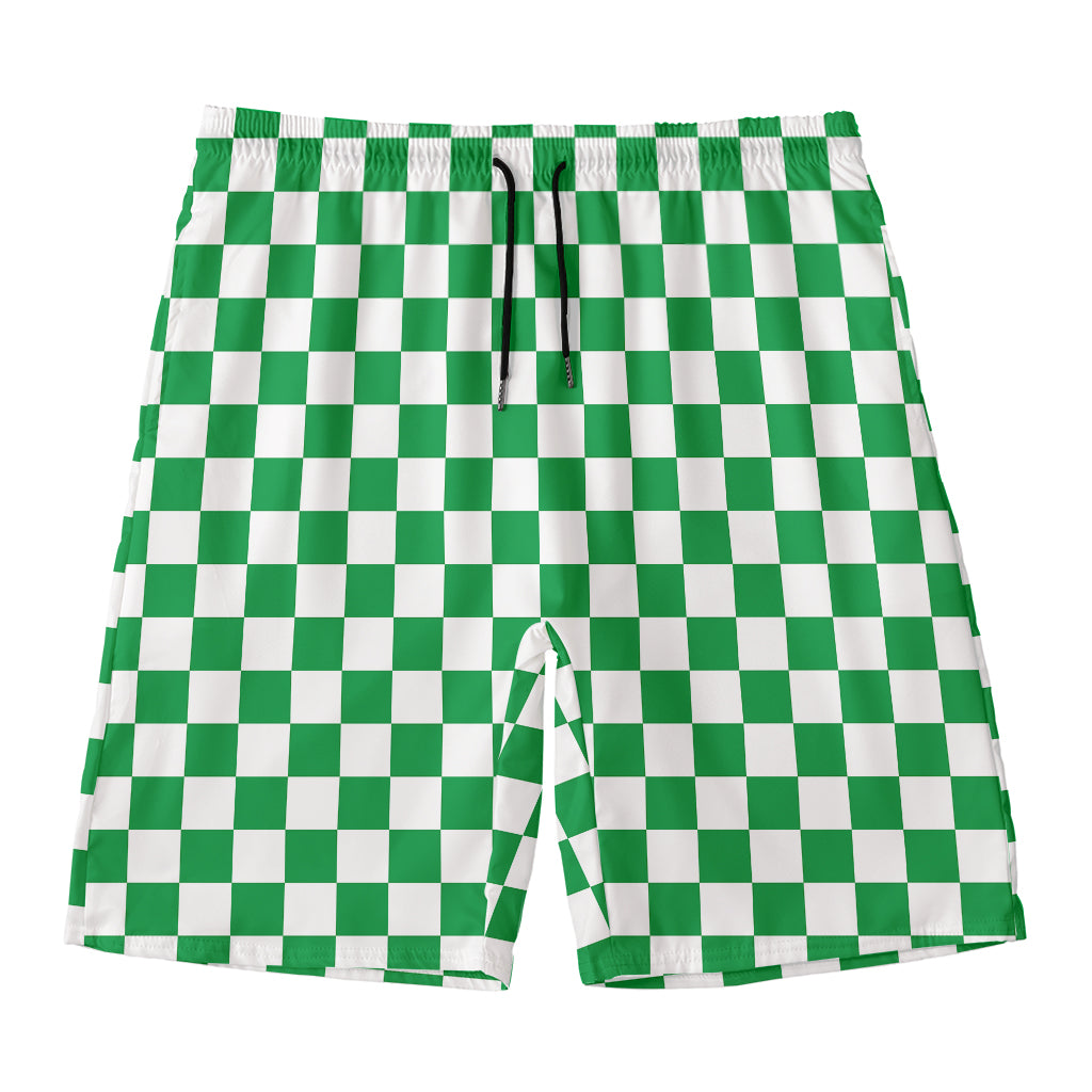 Green And White Checkered Pattern Print Men's Swim Trunks