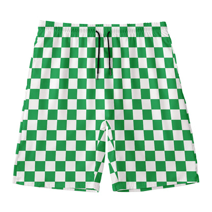 Green And White Checkered Pattern Print Men's Swim Trunks