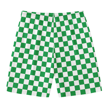 Green And White Checkered Pattern Print Men's Swim Trunks