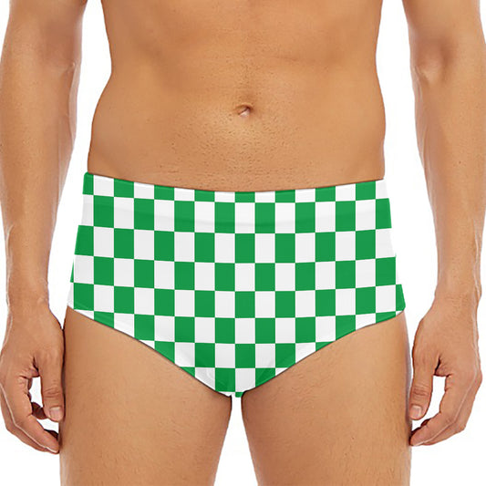 Green And White Checkered Pattern Print Men's Triangle Swim Briefs