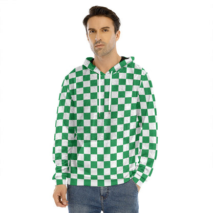 Green And White Checkered Pattern Print Men's Velvet Pullover Hoodie