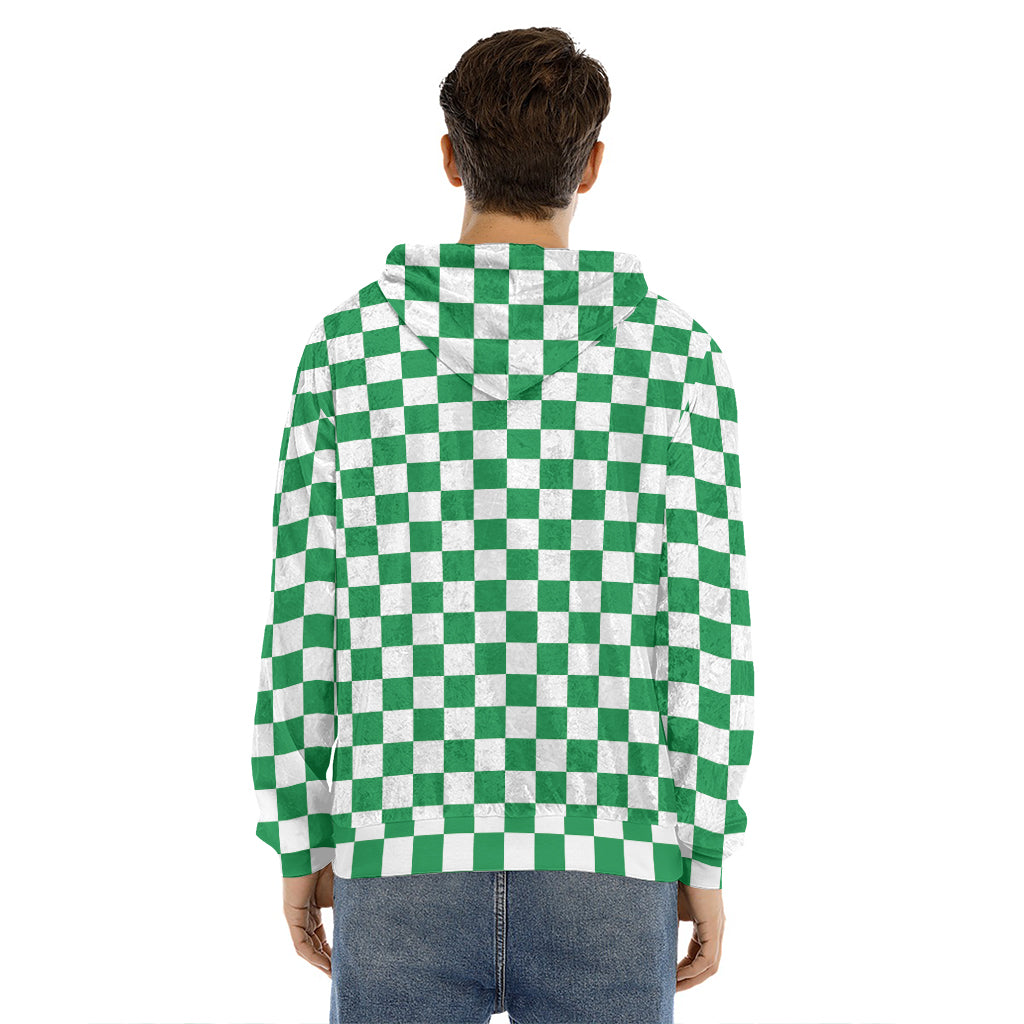 Green And White Checkered Pattern Print Men's Velvet Pullover Hoodie