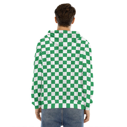 Green And White Checkered Pattern Print Men's Velvet Pullover Hoodie