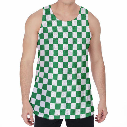 Green And White Checkered Pattern Print Men's Velvet Tank Top