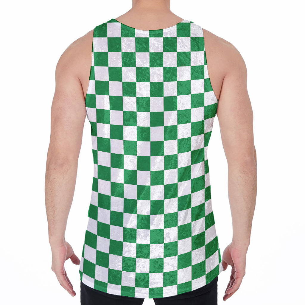 Green And White Checkered Pattern Print Men's Velvet Tank Top