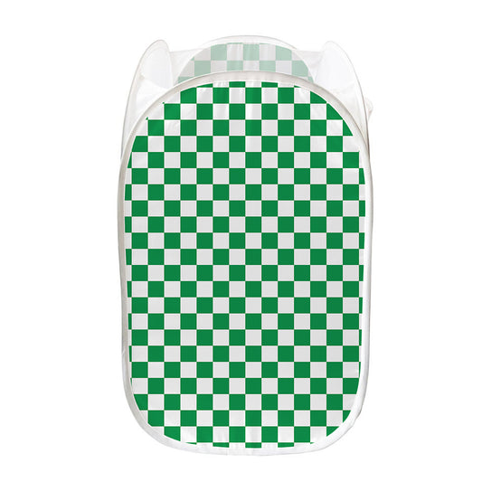 Green And White Checkered Pattern Print Mesh Laundry Hamper