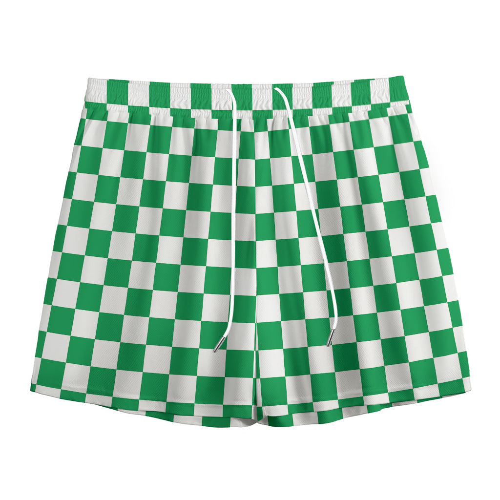 Green And White Checkered Pattern Print Mesh Shorts