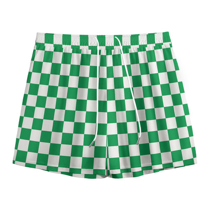 Green And White Checkered Pattern Print Mesh Shorts