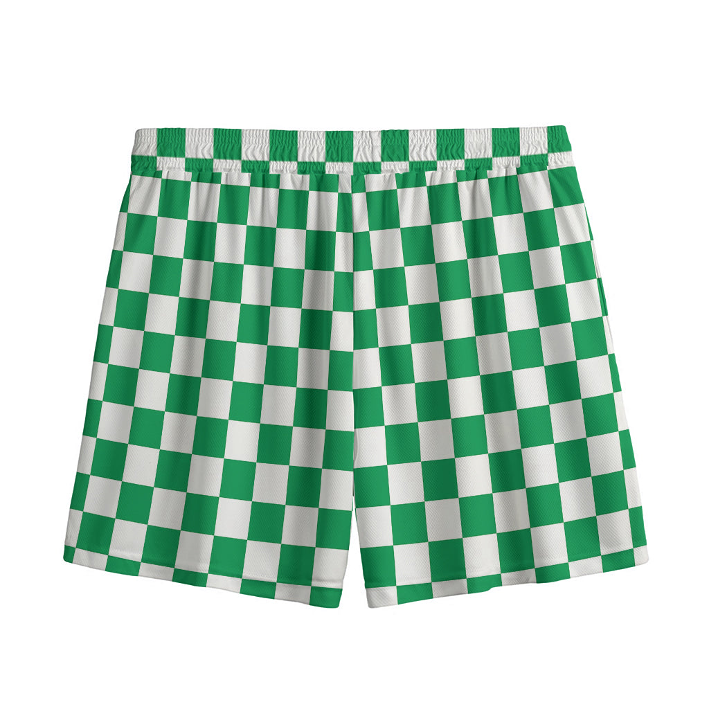 Green And White Checkered Pattern Print Mesh Shorts