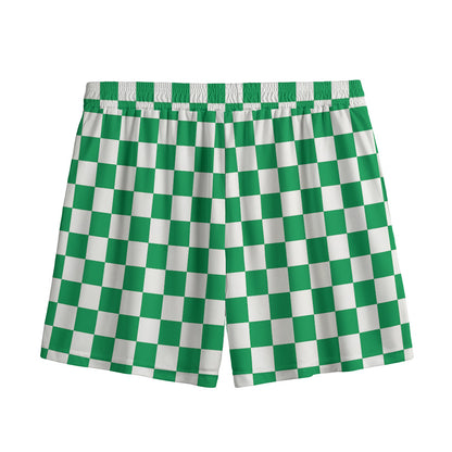 Green And White Checkered Pattern Print Mesh Shorts