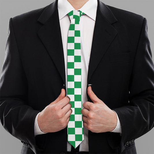 Green And White Checkered Pattern Print Necktie