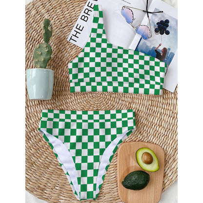 Green And White Checkered Pattern Print One Shoulder Bikini Top