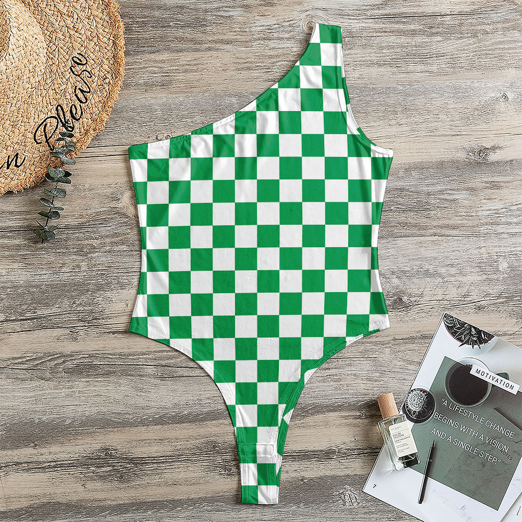 Green And White Checkered Pattern Print One Shoulder Bodysuit