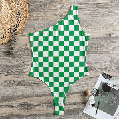 Green And White Checkered Pattern Print One Shoulder Bodysuit