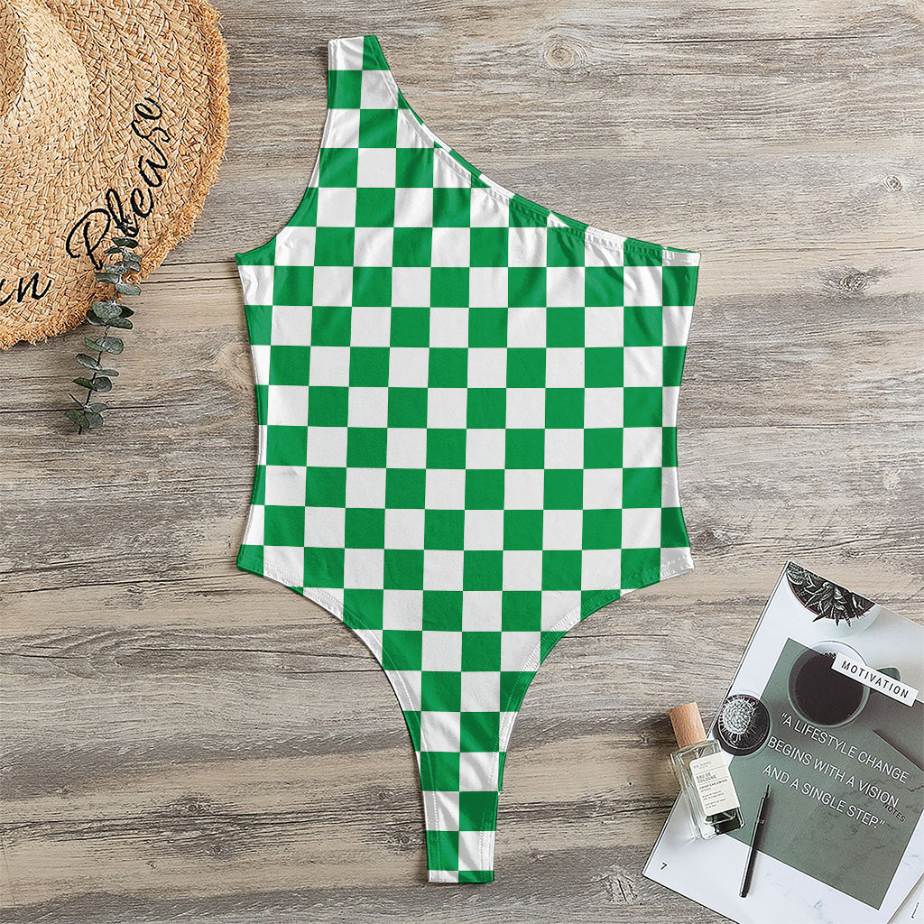Green And White Checkered Pattern Print One Shoulder Bodysuit