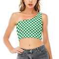 Green And White Checkered Pattern Print One Shoulder Crop Top