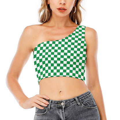 Green And White Checkered Pattern Print One Shoulder Crop Top