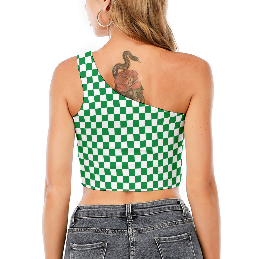 Green And White Checkered Pattern Print One Shoulder Crop Top