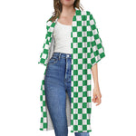 Green And White Checkered Pattern Print Open Front Beach Cover Up