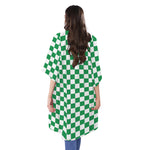Green And White Checkered Pattern Print Open Front Beach Cover Up