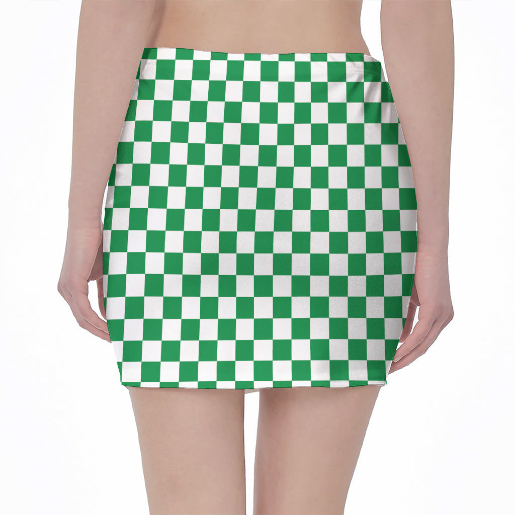 Green And White Checkered Pattern Print Pencil Mini Skirt