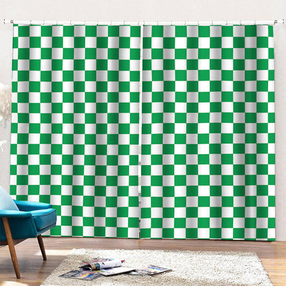 Green And White Checkered Pattern Print Pencil Pleat Curtains