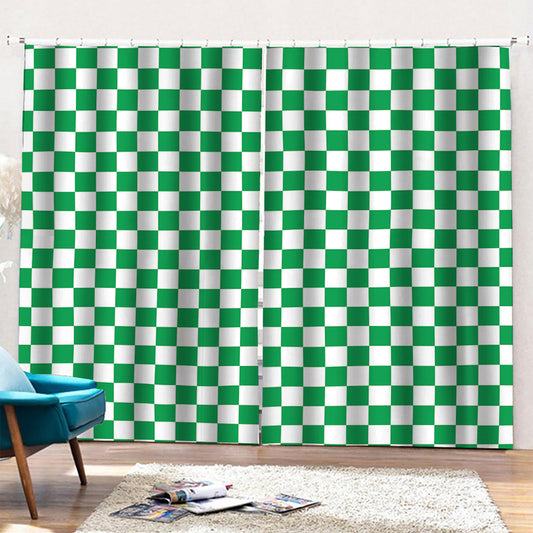 Green And White Checkered Pattern Print Pencil Pleat Curtains