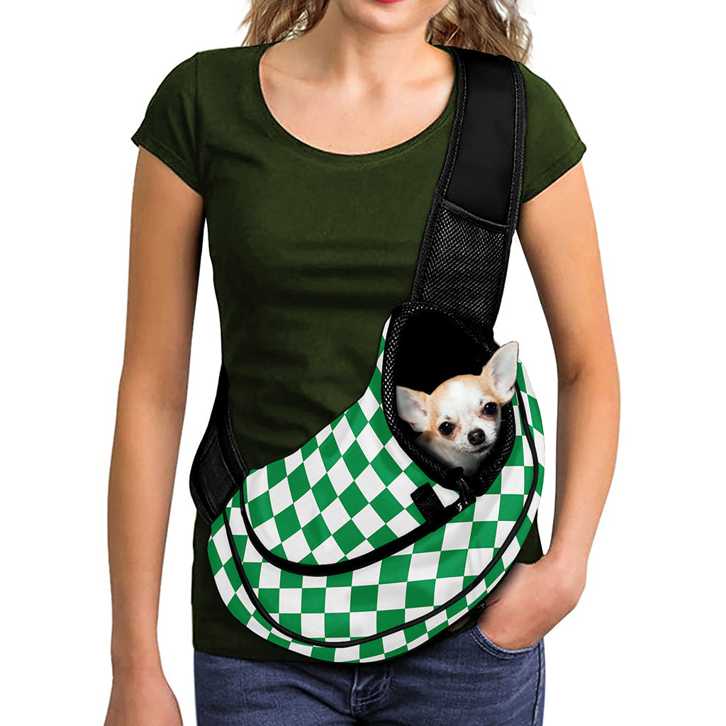 Green And White Checkered Pattern Print Pet Sling Carrier