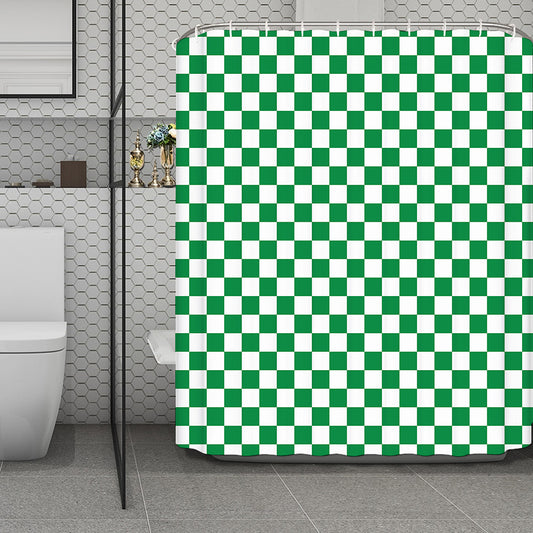 Green And White Checkered Pattern Print Polyester Shower Curtain