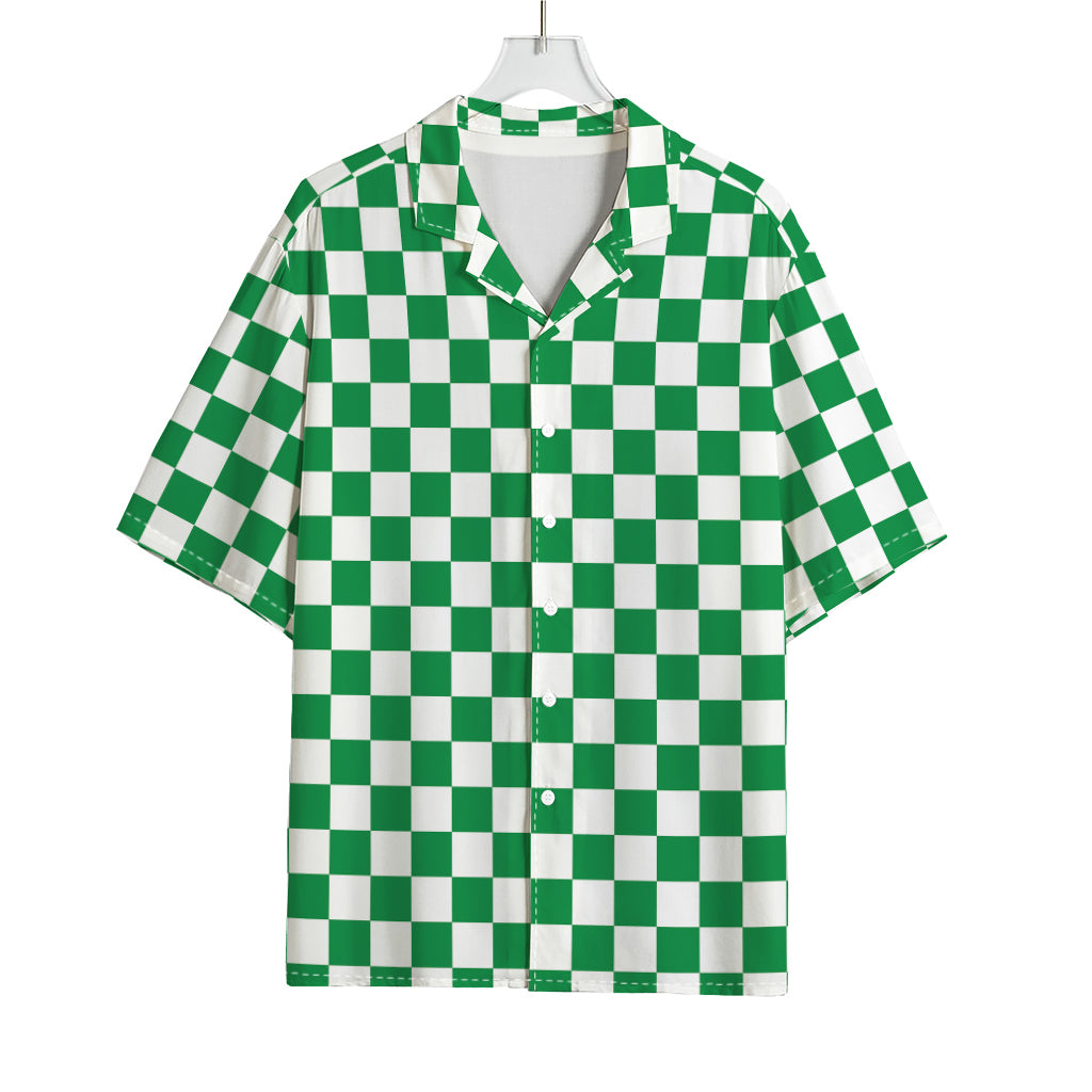 Green And White Checkered Pattern Print Rayon Hawaiian Shirt