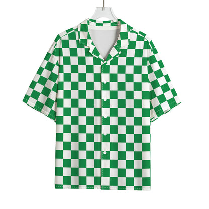 Green And White Checkered Pattern Print Rayon Hawaiian Shirt