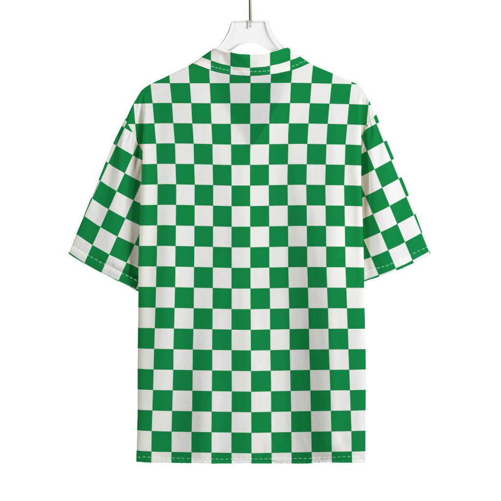 Green And White Checkered Pattern Print Rayon Hawaiian Shirt