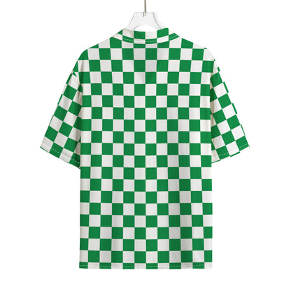 Green And White Checkered Pattern Print Rayon Hawaiian Shirt