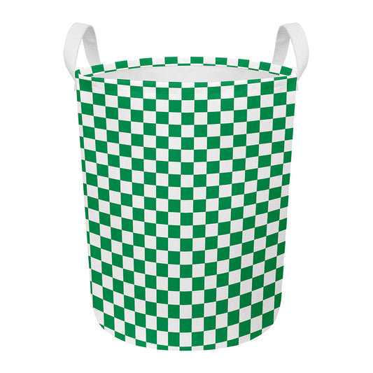 Green And White Checkered Pattern Print Round Laundry Basket