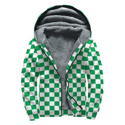 Green And White Checkered Pattern Print Sherpa Lined Zip Up Hoodie