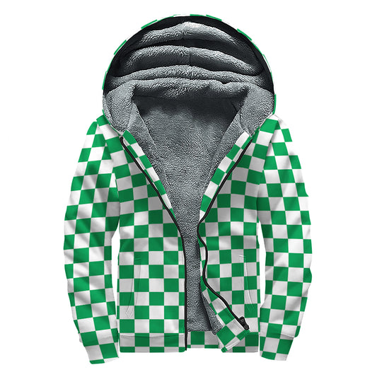 Green And White Checkered Pattern Print Sherpa Lined Zip Up Hoodie