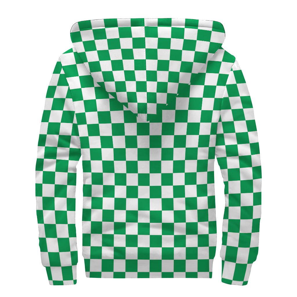 Green And White Checkered Pattern Print Sherpa Lined Zip Up Hoodie