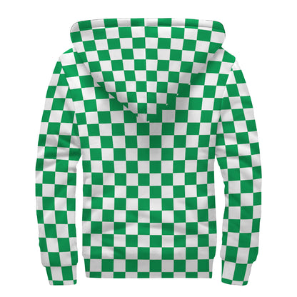 Green And White Checkered Pattern Print Sherpa Lined Zip Up Hoodie