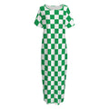 Green And White Checkered Pattern Print Short Sleeve Long Nightdress