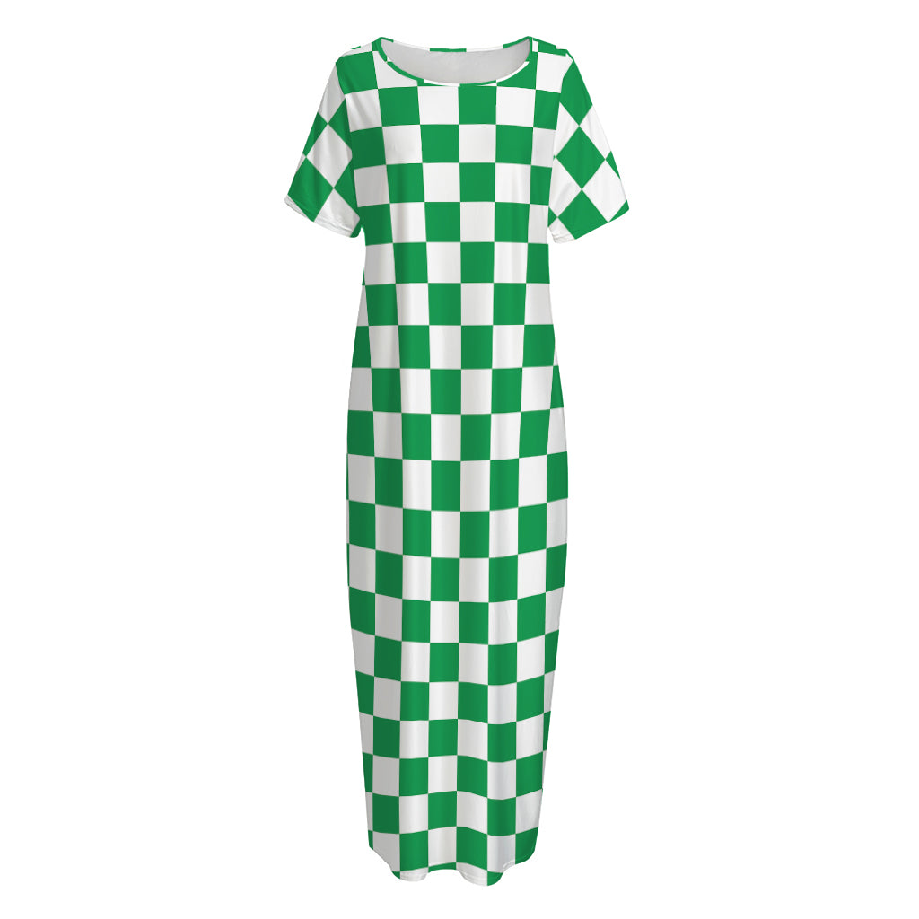 Green And White Checkered Pattern Print Short Sleeve Long Nightdress