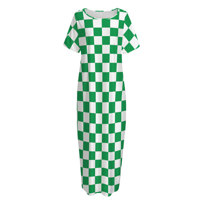 Green And White Checkered Pattern Print Short Sleeve Long Nightdress