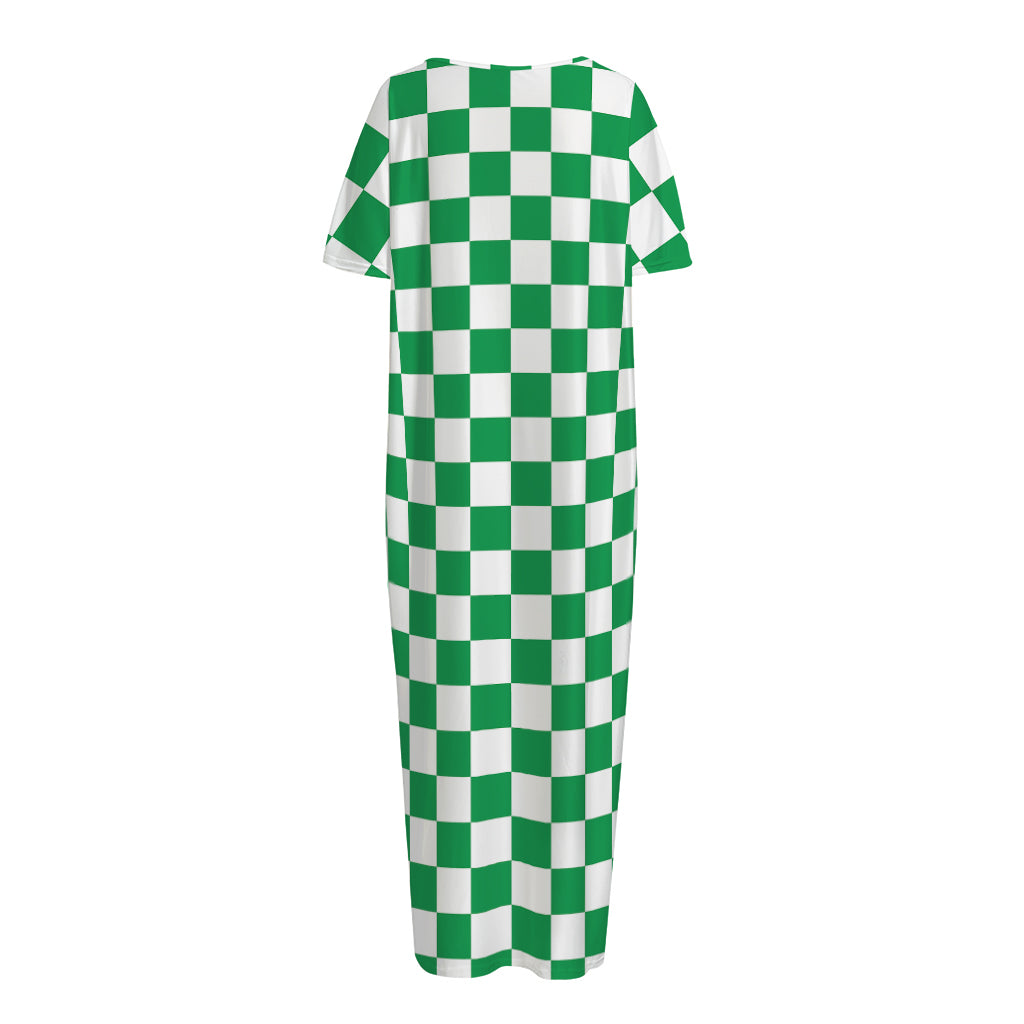Green And White Checkered Pattern Print Short Sleeve Long Nightdress