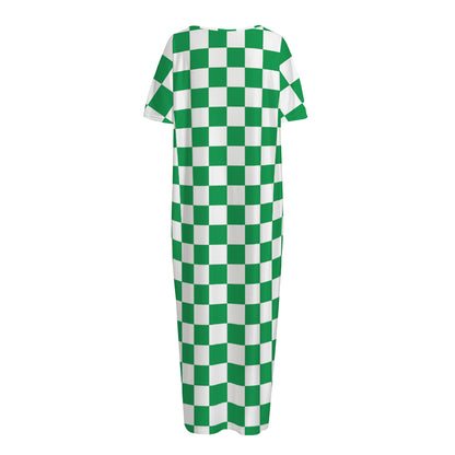 Green And White Checkered Pattern Print Short Sleeve Long Nightdress