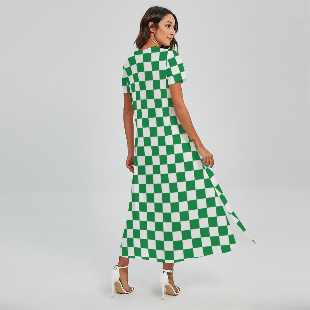 Green And White Checkered Pattern Print Short Sleeve Maxi Dress