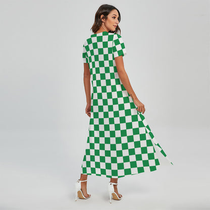 Green And White Checkered Pattern Print Short Sleeve Maxi Dress