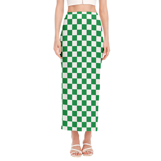 Green And White Checkered Pattern Print Side Slit Maxi Skirt